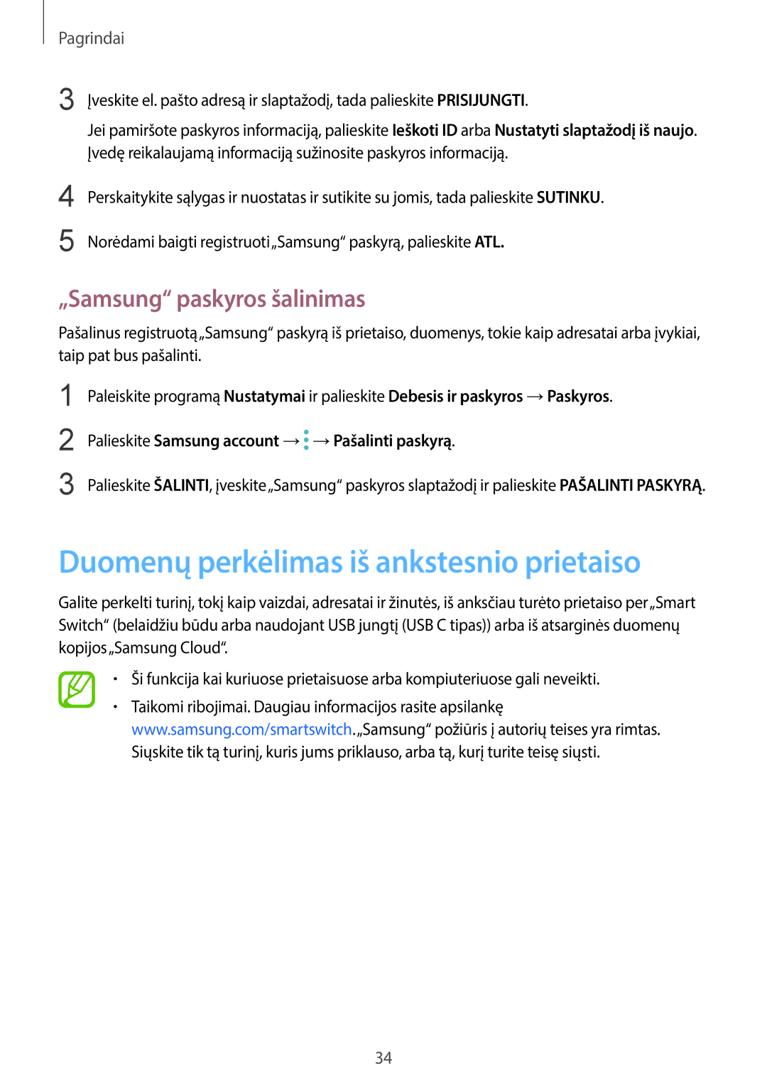 Samsung SM-G950FZKASEB, SM-G955FZSASEB manual Duomenų perkėlimas iš ankstesnio prietaiso, „Samsung paskyros šalinimas 