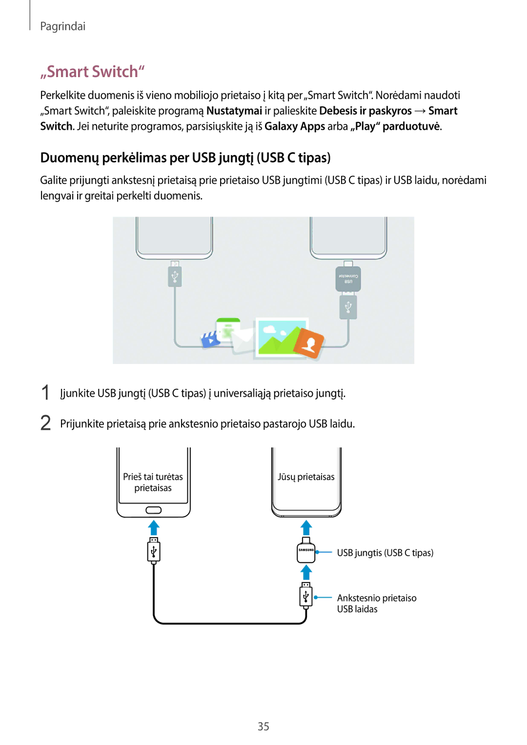 Samsung SM-G955FZSASEB, SM-G950FZSASEB, SM-G955FZVASEB manual „Smart Switch, Duomenų perkėlimas per USB jungtį USB C tipas 