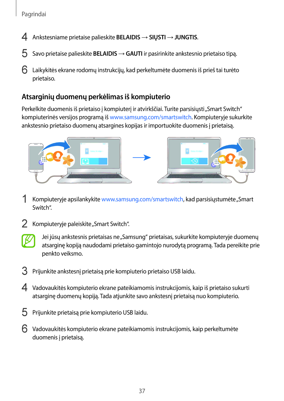 Samsung SM-G955FZVASEB manual Atsarginių duomenų perkėlimas iš kompiuterio, Kompiuteryje paleiskite„Smart Switch 