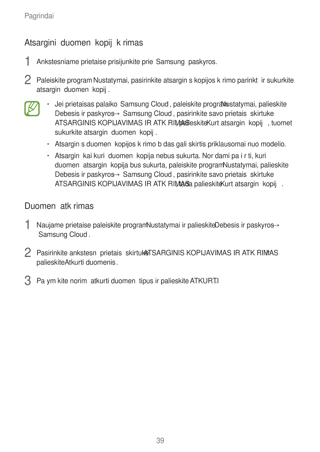 Samsung SM-G950FZVASEB, SM-G955FZSASEB, SM-G950FZSASEB Atsarginių duomenų kopijų kūrimas, Duomenų atkūrimas, „Samsung Cloud 