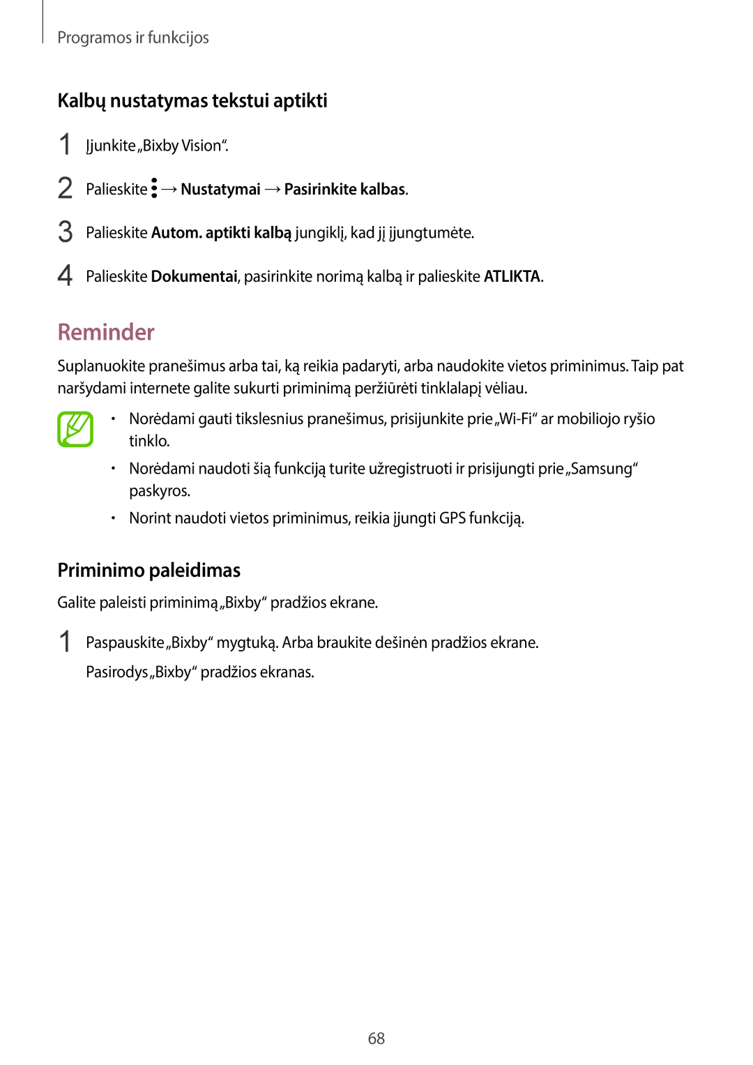 Samsung SM-G950FZIASEB manual Reminder, Kalbų nustatymas tekstui aptikti, Priminimo paleidimas, Įjunkite„Bixby Vision 