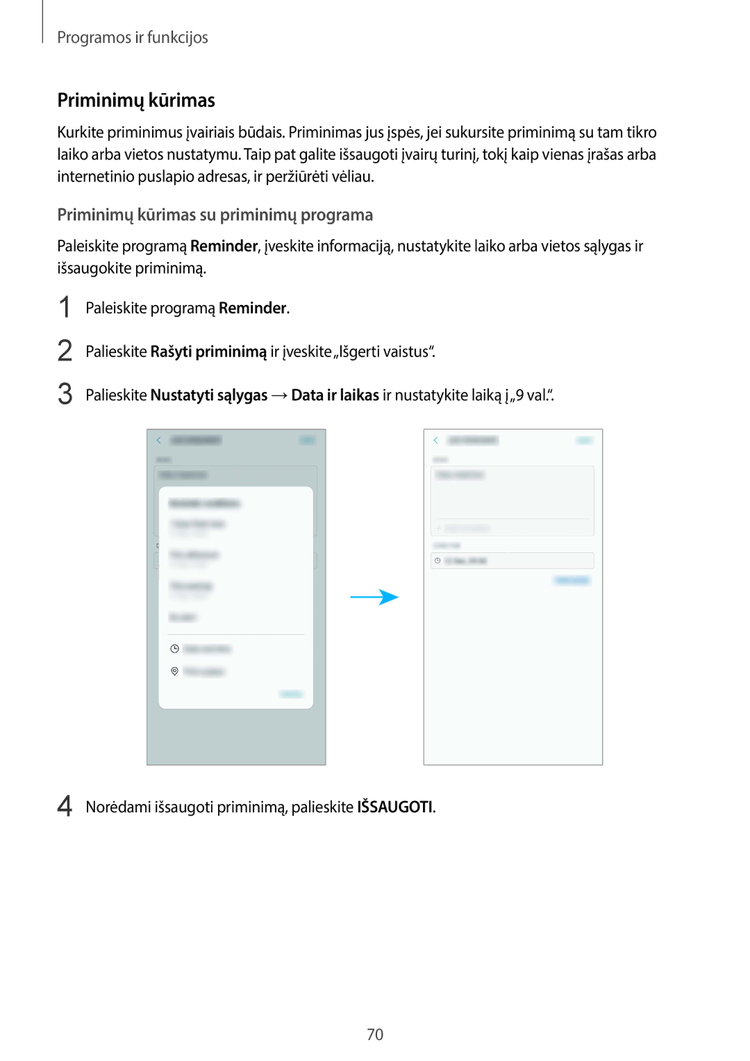 Samsung SM-G955FZSASEB, SM-G950FZSASEB, SM-G955FZVASEB, SM-G955FZKASEB manual Priminimų kūrimas su priminimų programa 