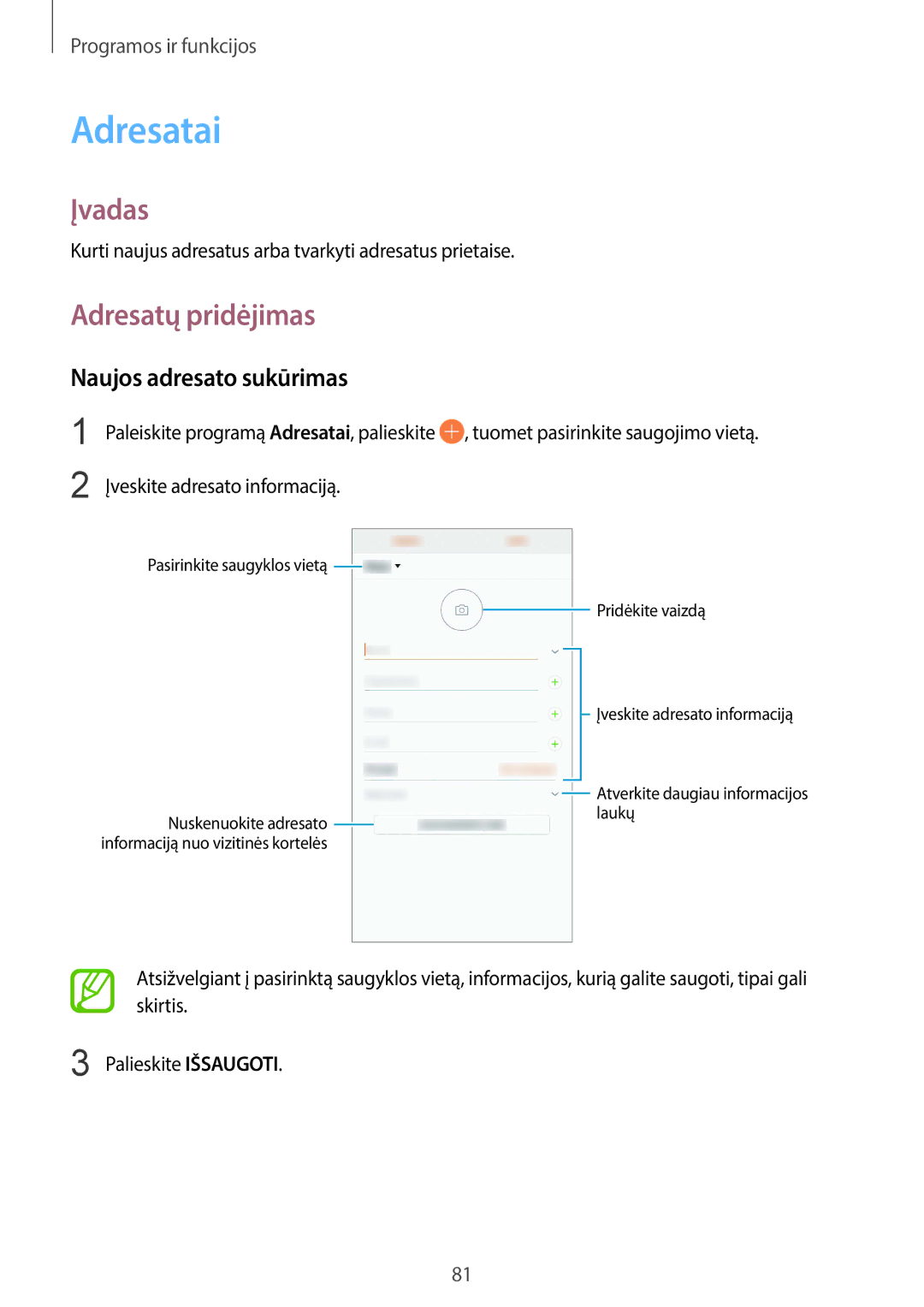 Samsung SM-G950FZVASEB, SM-G955FZSASEB, SM-G950FZSASEB manual Adresatai, Adresatų pridėjimas, Naujos adresato sukūrimas 