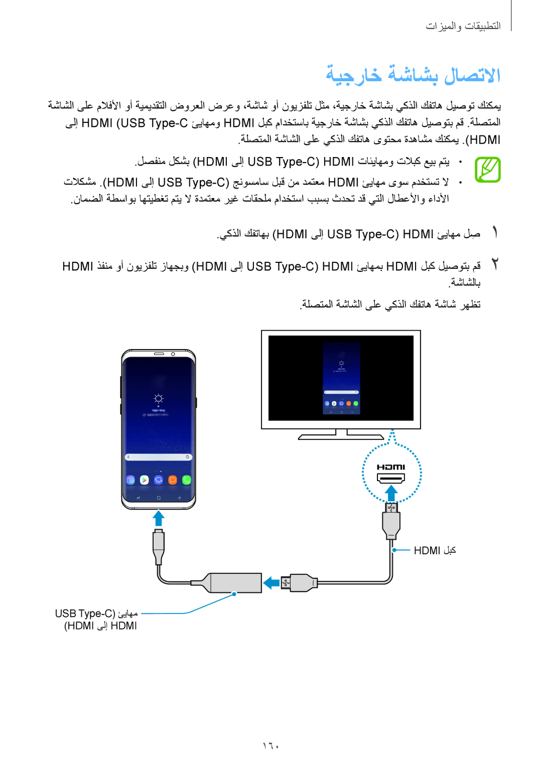 Samsung SM-G955FZVDKSA, SM-G950FZKDKSA, SM-G955FZBDKSA, SM-G950FZDDKSA, SM-G950FZVDKSA manual ةيجراخ ةشاشب لاصتلاا, 160 