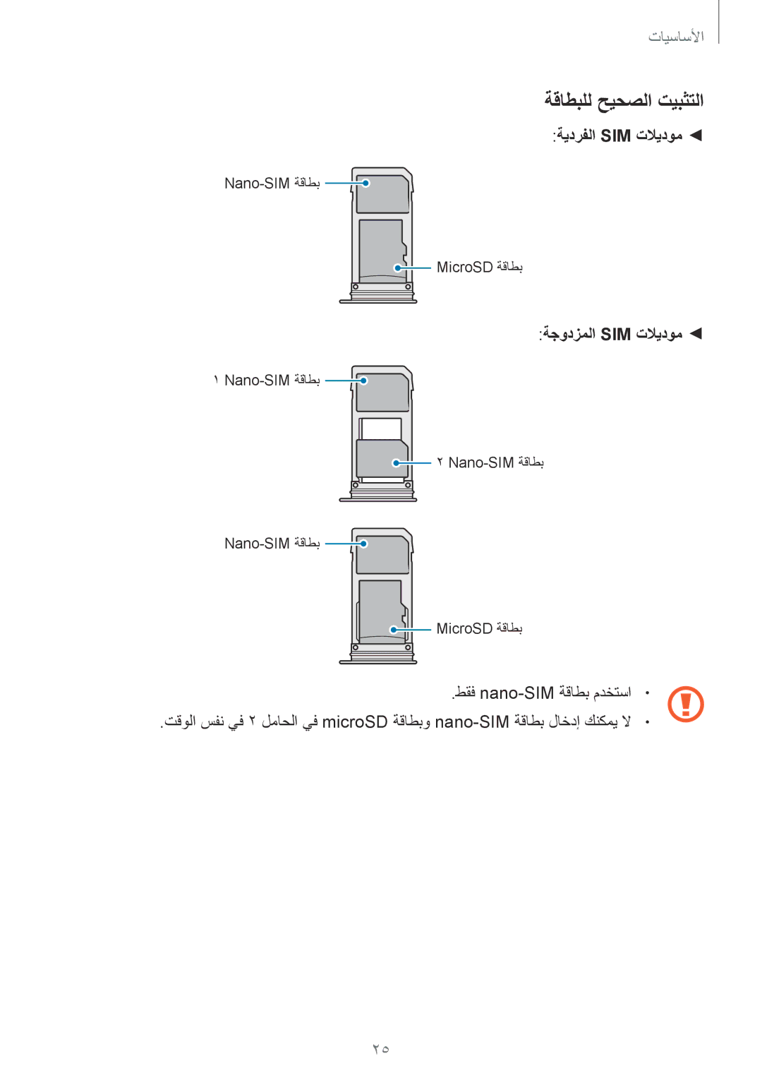 Samsung SM-G950FZKDKSA, SM-G955FZVDKSA, SM-G955FZBDKSA, SM-G950FZDDKSA manual ةقاطبلل حيحصلا تيبثتلا, ةيدرفلا Sim تلايدوم 