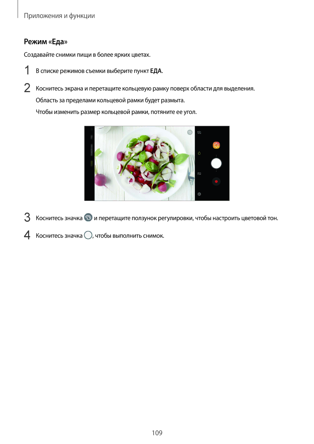 Samsung SM-G960FZPDSEB, SM-G960FZBDSEB, SM-G965FZKDSEB manual Режим «Еда», Коснитесь значка , чтобы выполнить снимок 