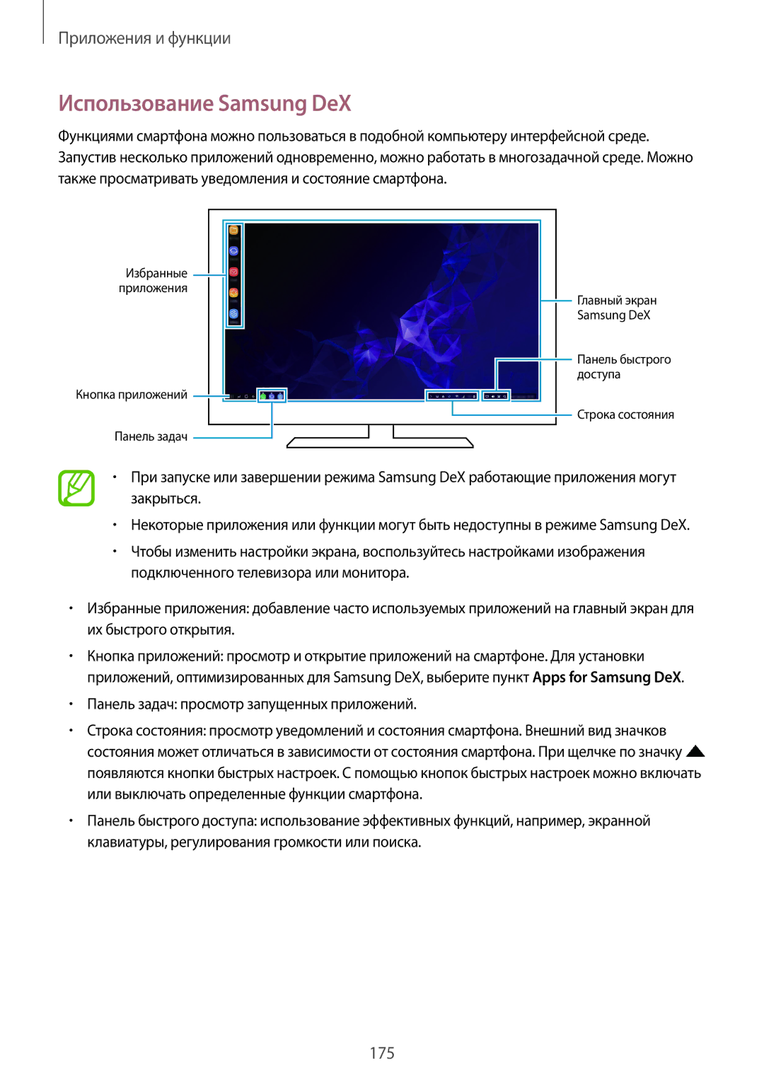 Samsung SM-G965FZKDSER manual Использование Samsung DeX, Также просматривать уведомления и состояние смартфона, Закрыться 