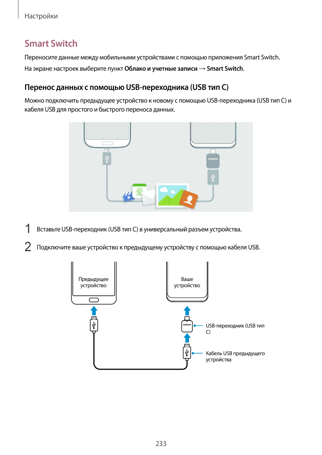 Samsung SM-G960FZADSER, SM-G960FZBDSEB, SM-G965FZKDSEB Smart Switch, Перенос данных с помощью USB-переходника USB тип C 