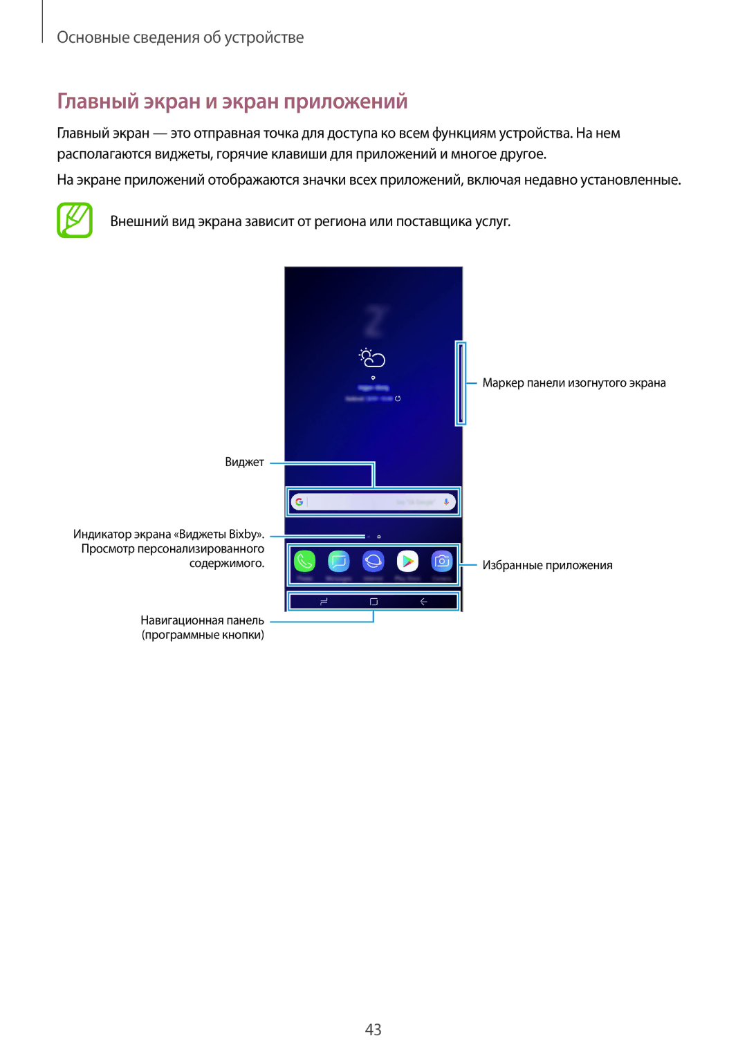 Samsung SM-G960FZKDSEB manual Главный экран и экран приложений, Внешний вид экрана зависит от региона или поставщика услуг 