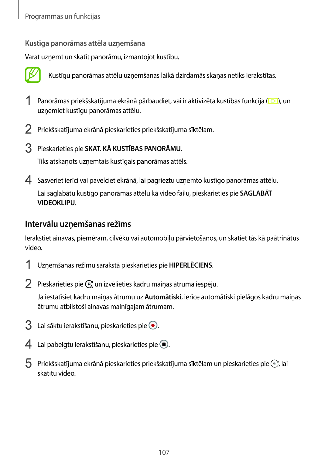 Samsung SM-G960FZPDSEB, SM-G960FZBDSEB, SM-G965FZKDSEB manual Intervālu uzņemšanas režīms, Kustīga panorāmas attēla uzņemšana 