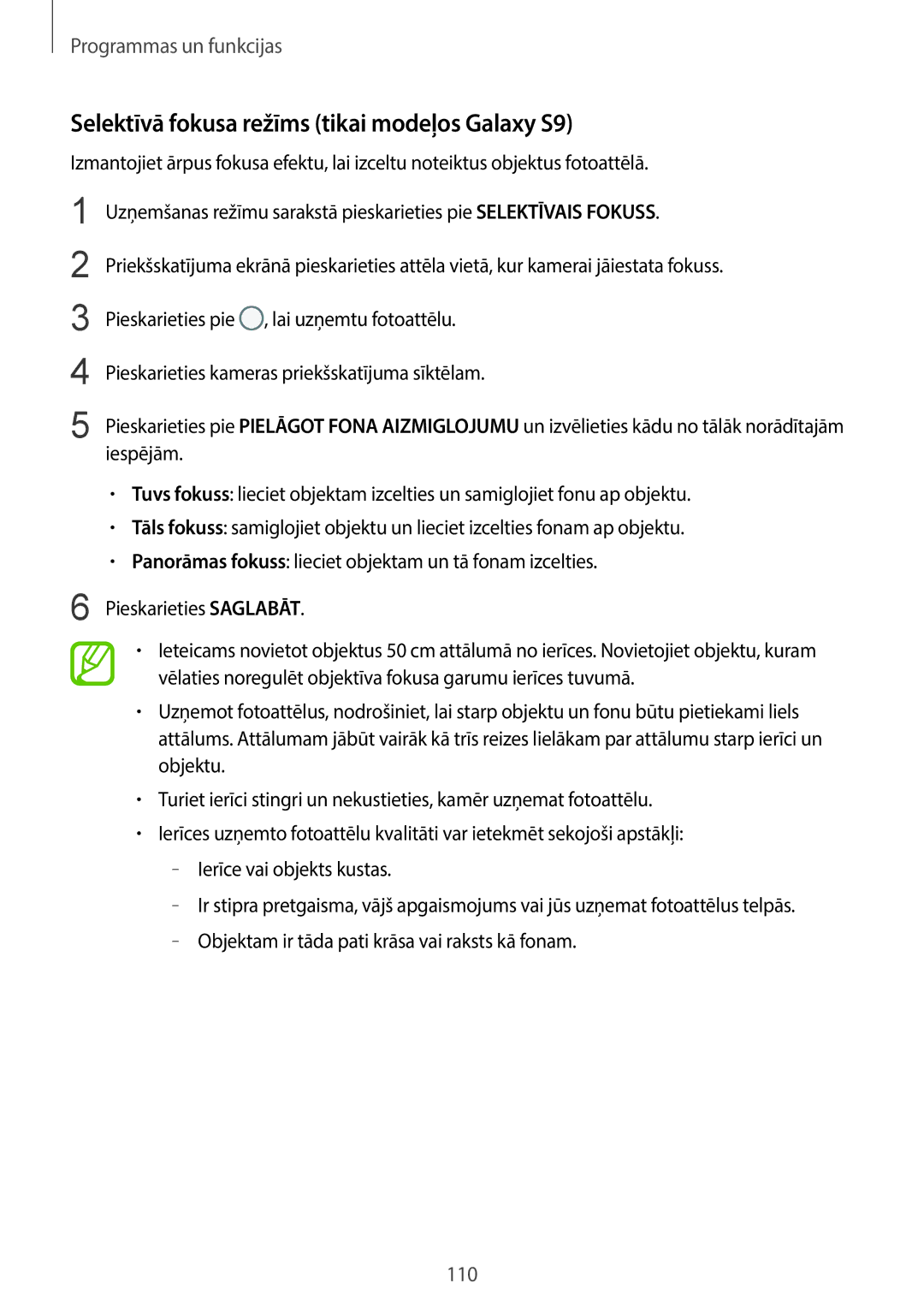 Samsung SM-G965FZBDSEB, SM-G960FZBDSEB, SM-G965FZKDSEB, SM-G965FZPDSEB manual Selektīvā fokusa režīms tikai modeļos Galaxy S9 