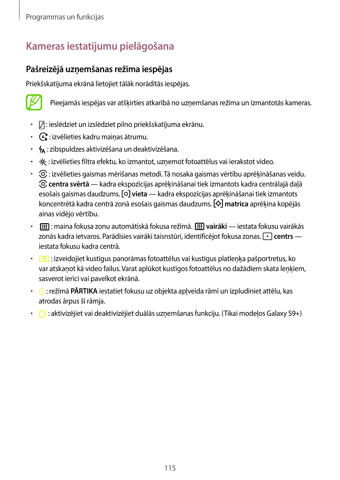 Samsung SM-G965FZKDSEB, SM-G960FZBDSEB manual Kameras iestatījumu pielāgošana, Pašreizējā uzņemšanas režīma iespējas 