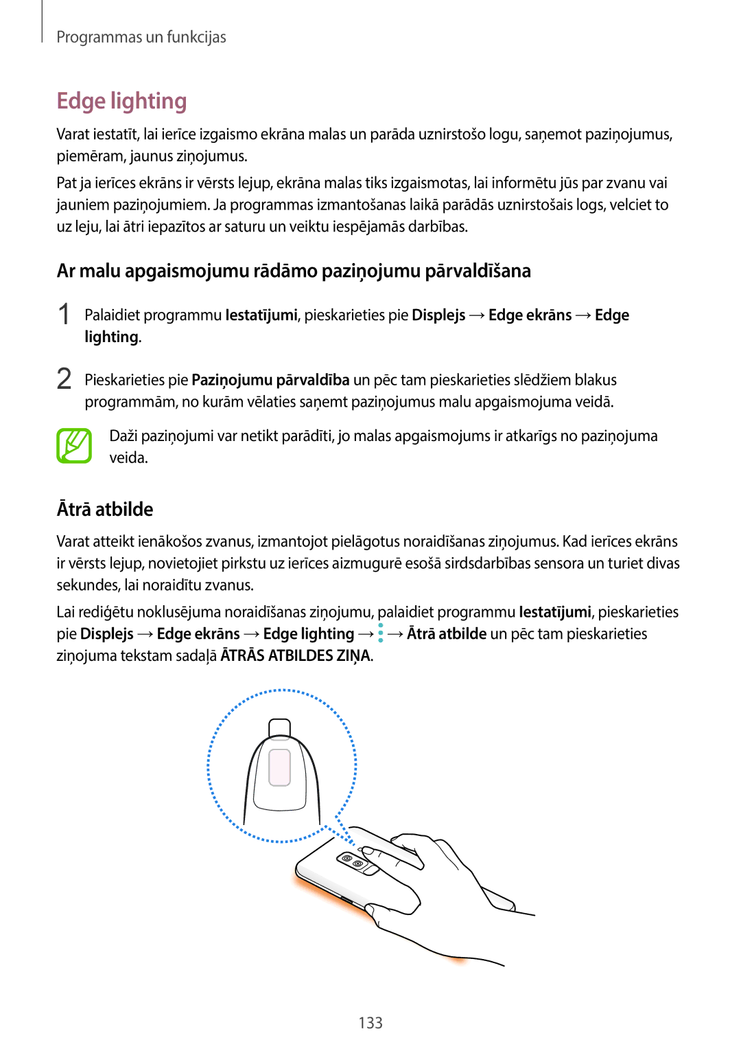 Samsung SM-G965FZKDSEB manual Edge lighting, Ar malu apgaismojumu rādāmo paziņojumu pārvaldīšana, Ātrā atbilde, Lighting 