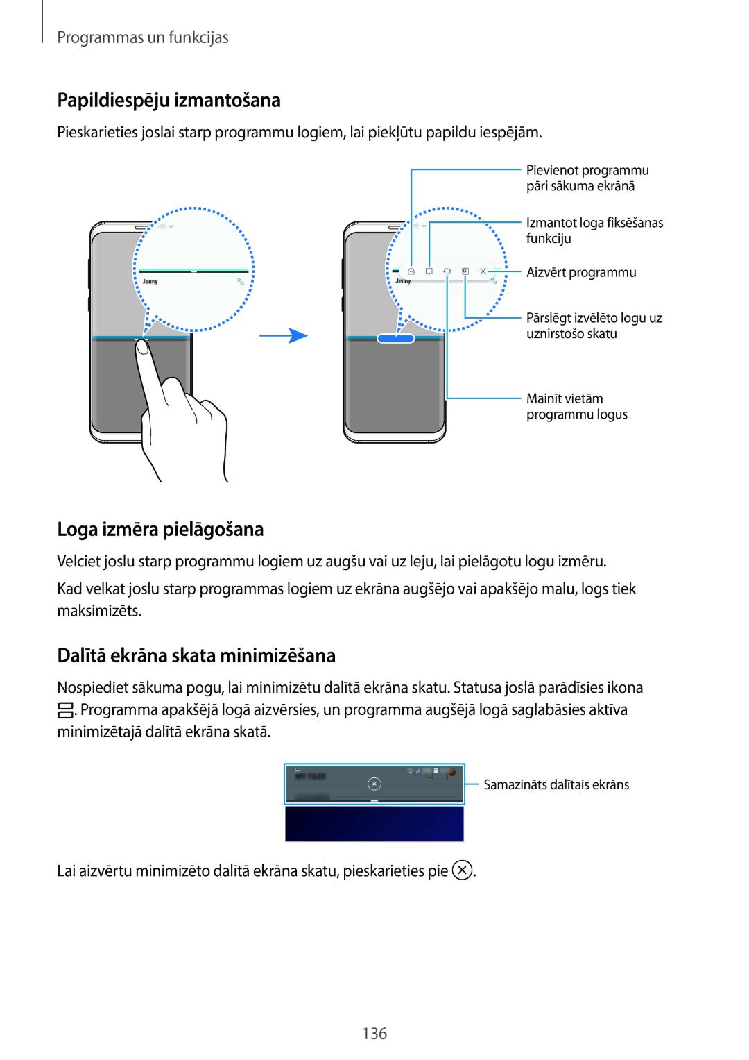 Samsung SM-G960FZKDSEB manual Papildiespēju izmantošana, Loga izmēra pielāgošana, Dalītā ekrāna skata minimizēšana 