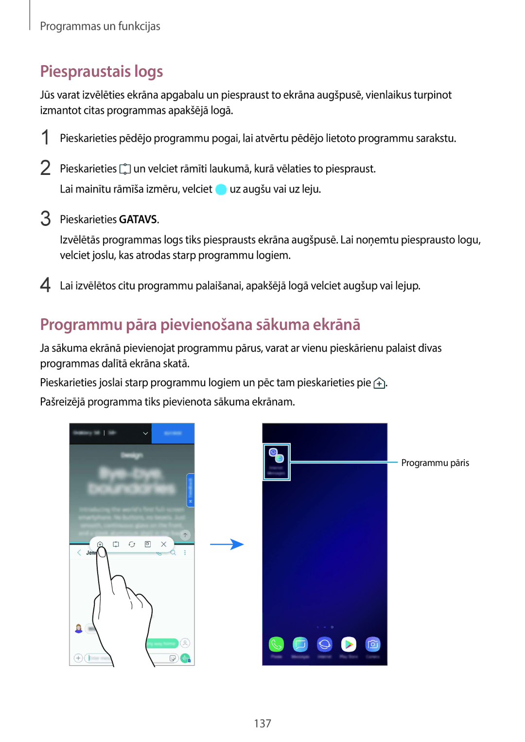 Samsung SM-G960FZPDSEB, SM-G960FZBDSEB, SM-G965FZKDSEB manual Piespraustais logs, Programmu pāra pievienošana sākuma ekrānā 