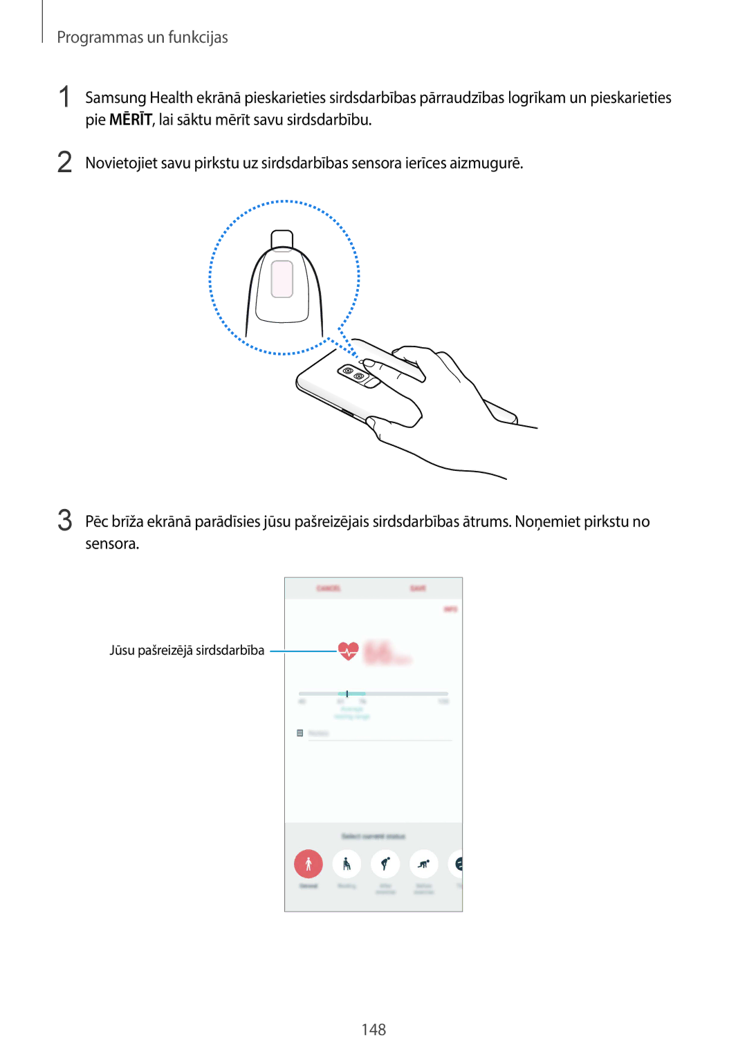 Samsung SM-G960FZKDSEB, SM-G960FZBDSEB, SM-G965FZKDSEB, SM-G965FZBDSEB manual Pie MĒRĪT, lai sāktu mērīt savu sirdsdarbību 