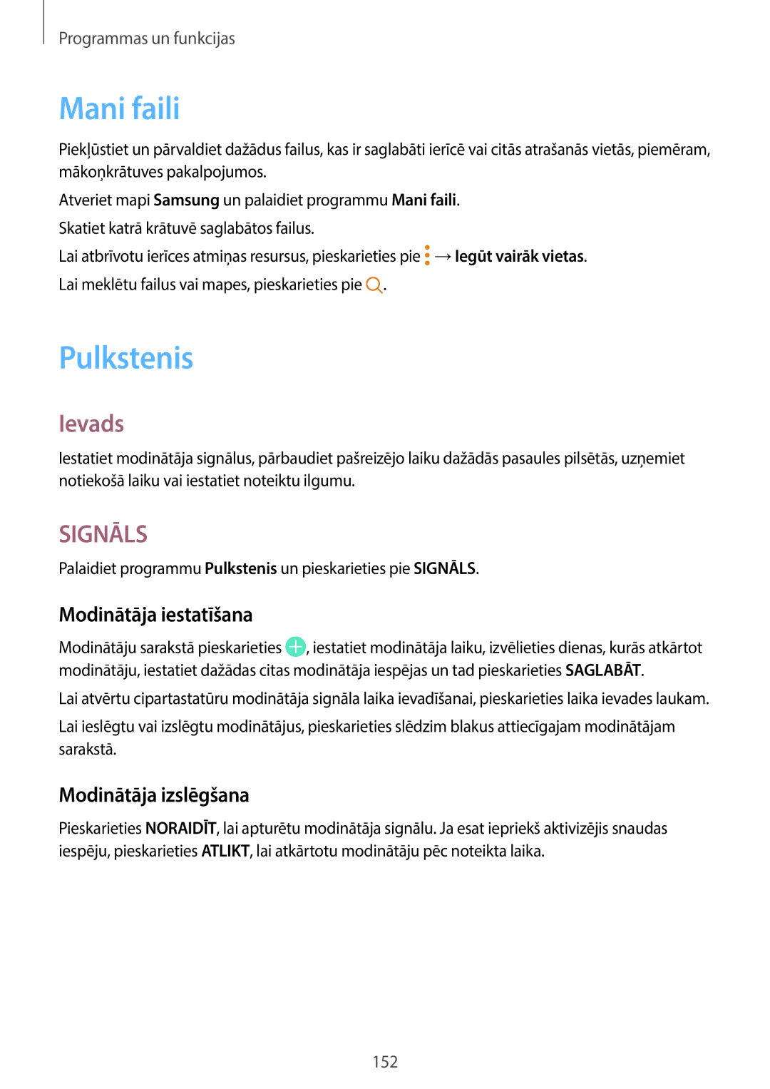 Samsung SM-G965FZBDSEB, SM-G960FZBDSEB manual Mani faili, Pulkstenis, Modinātāja iestatīšana, Modinātāja izslēgšana 