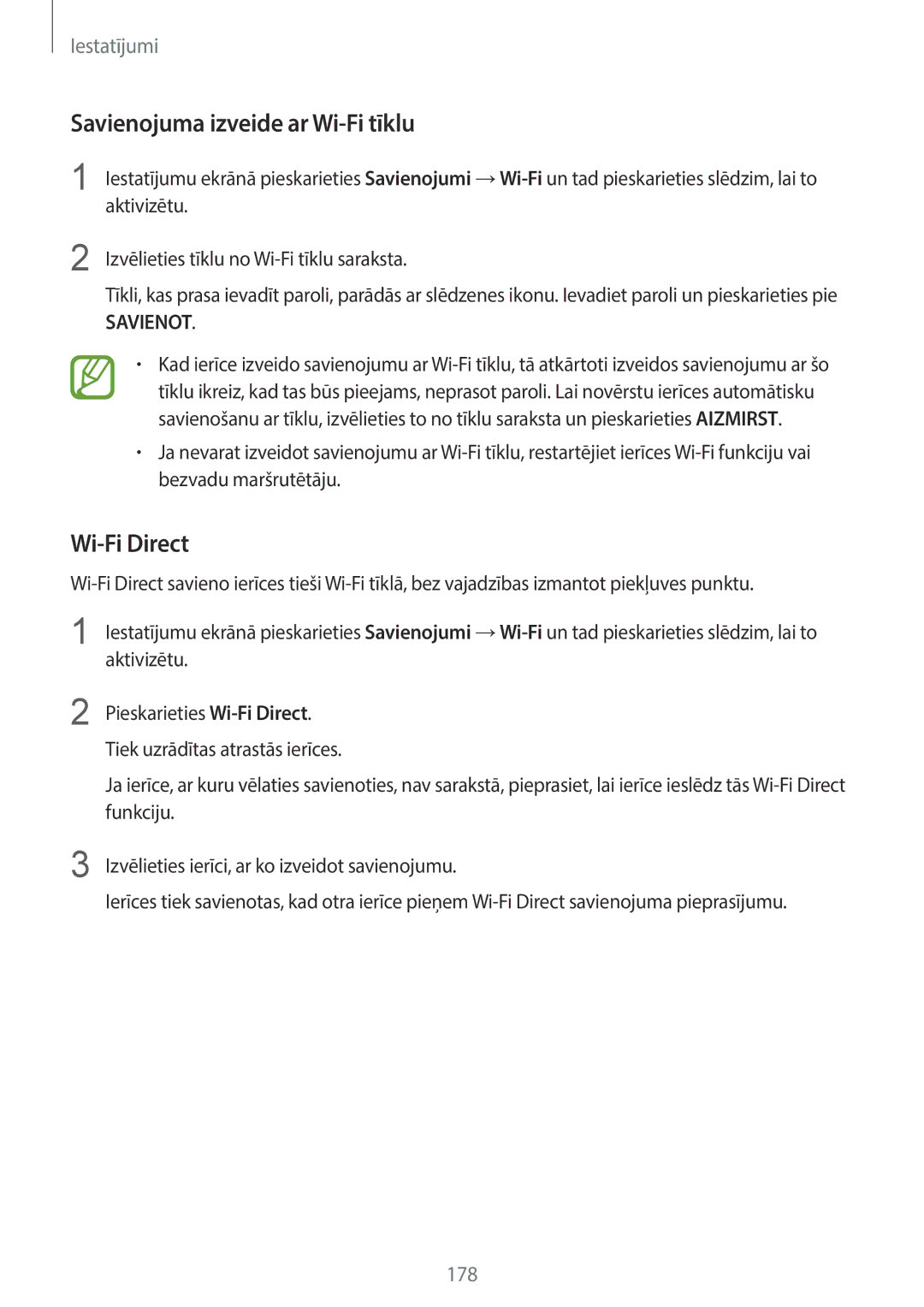 Samsung SM-G960FZKDSEB, SM-G960FZBDSEB, SM-G965FZKDSEB, SM-G965FZBDSEB manual Savienojuma izveide ar Wi-Fi tīklu, Wi-Fi Direct 