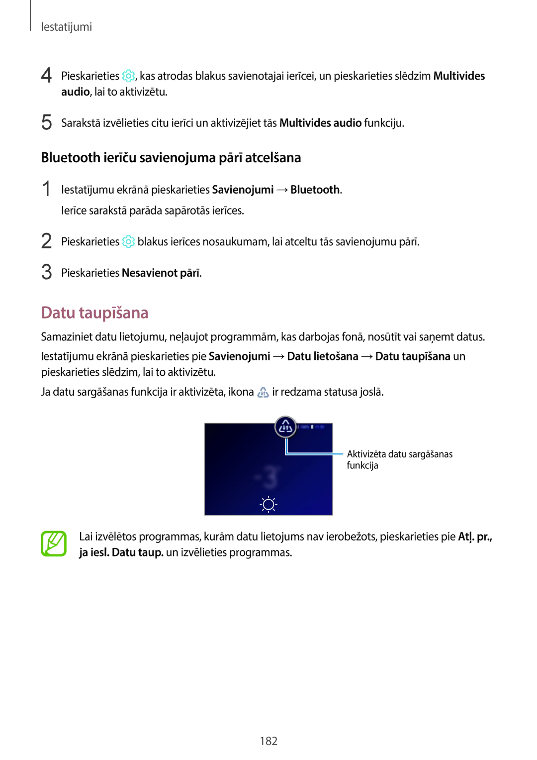 Samsung SM-G965FZBDSEB, SM-G960FZBDSEB, SM-G965FZKDSEB manual Datu taupīšana, Bluetooth ierīču savienojuma pārī atcelšana 