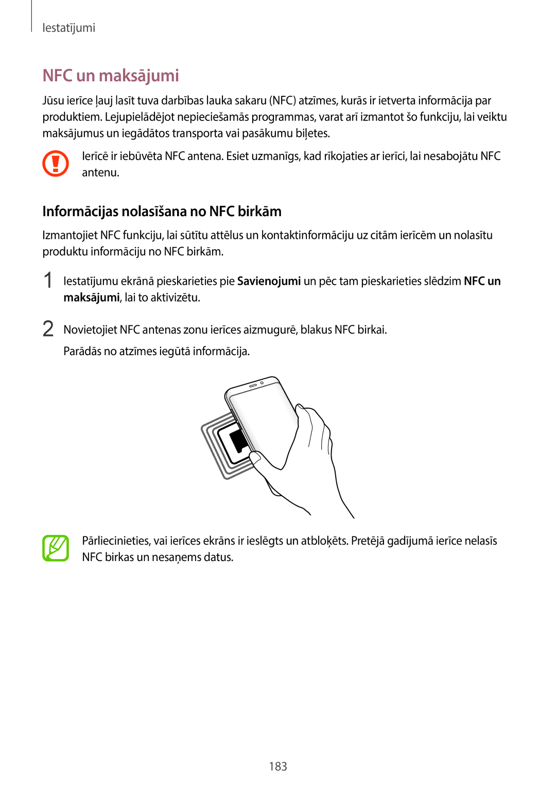 Samsung SM-G965FZPDSEB manual NFC un maksājumi, Informācijas nolasīšana no NFC birkām, Maksājumi, lai to aktivizētu 