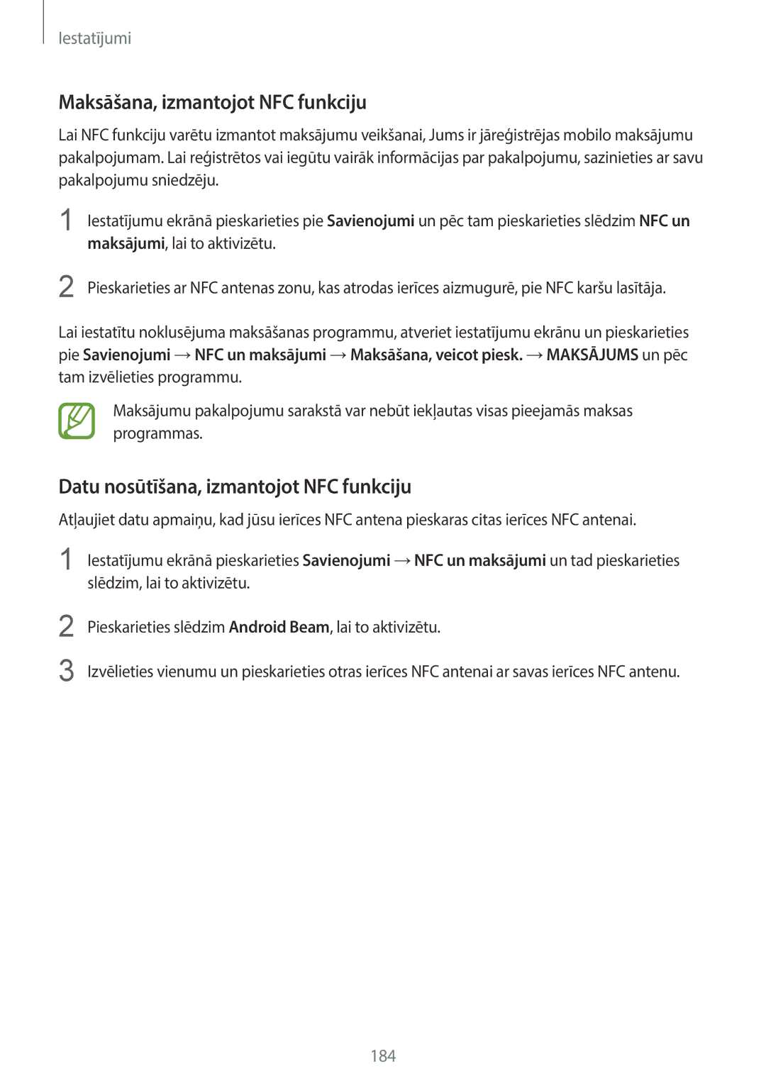 Samsung SM-G960FZKDSEB, SM-G960FZBDSEB manual Maksāšana, izmantojot NFC funkciju, Datu nosūtīšana, izmantojot NFC funkciju 