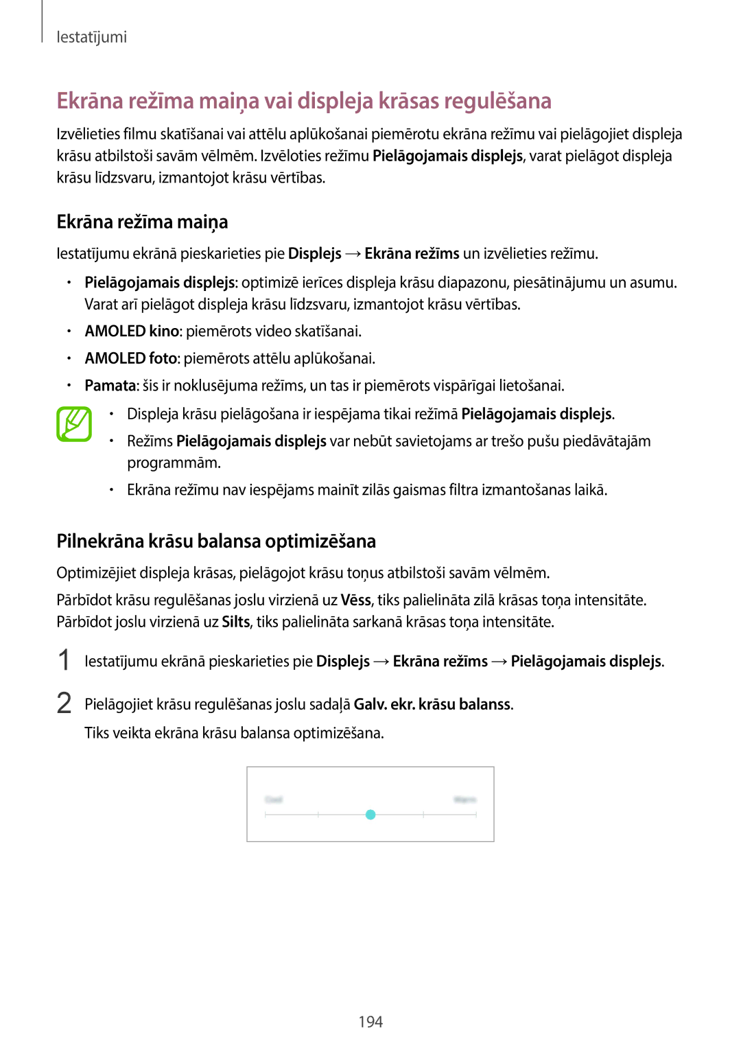 Samsung SM-G965FZBDSEB manual Ekrāna režīma maiņa vai displeja krāsas regulēšana, Pilnekrāna krāsu balansa optimizēšana 