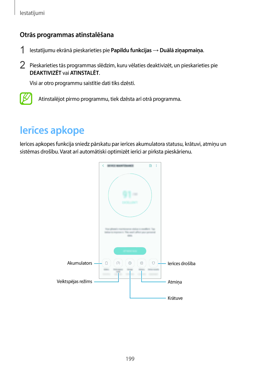 Samsung SM-G965FZKDSEB, SM-G960FZBDSEB, SM-G965FZBDSEB, SM-G965FZPDSEB manual Ierīces apkope, Otrās programmas atinstalēšana 