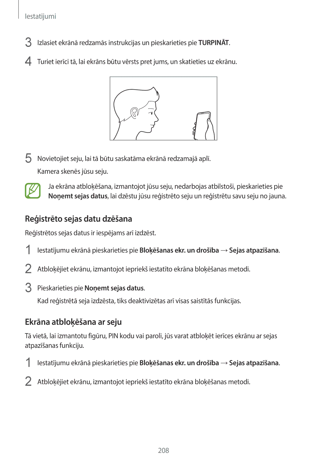 Samsung SM-G960FZKDSEB, SM-G960FZBDSEB, SM-G965FZKDSEB manual Reģistrēto sejas datu dzēšana, Ekrāna atbloķēšana ar seju 