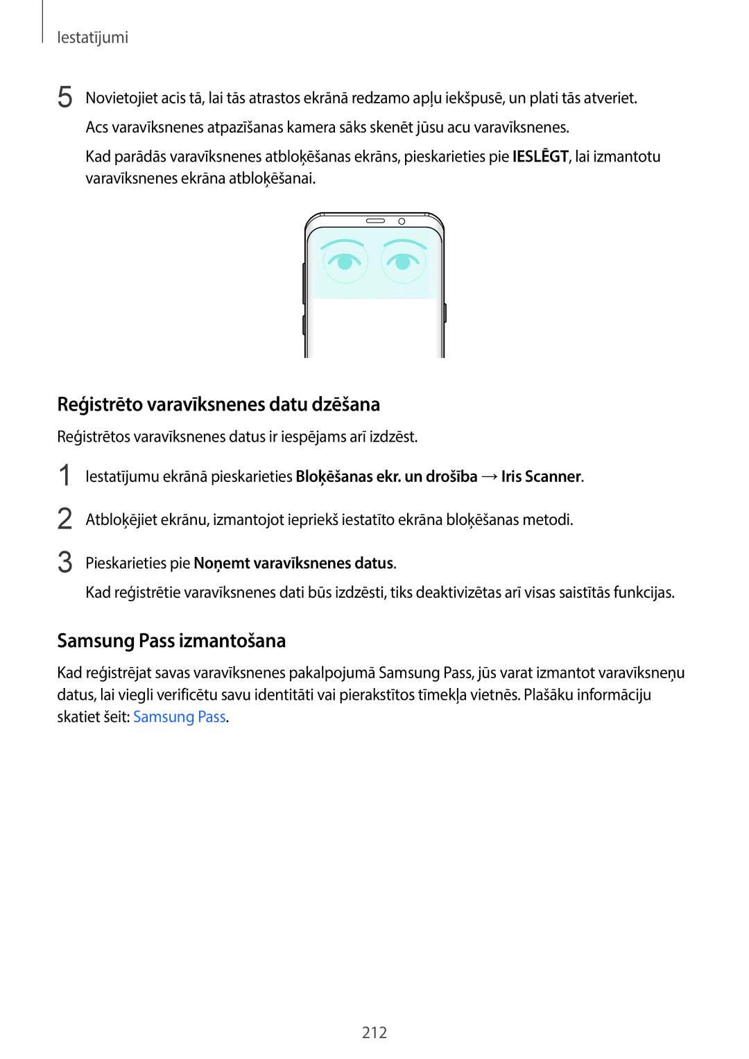 Samsung SM-G965FZBDSEB, SM-G960FZBDSEB, SM-G965FZKDSEB manual Reģistrēto varavīksnenes datu dzēšana, Samsung Pass izmantošana 