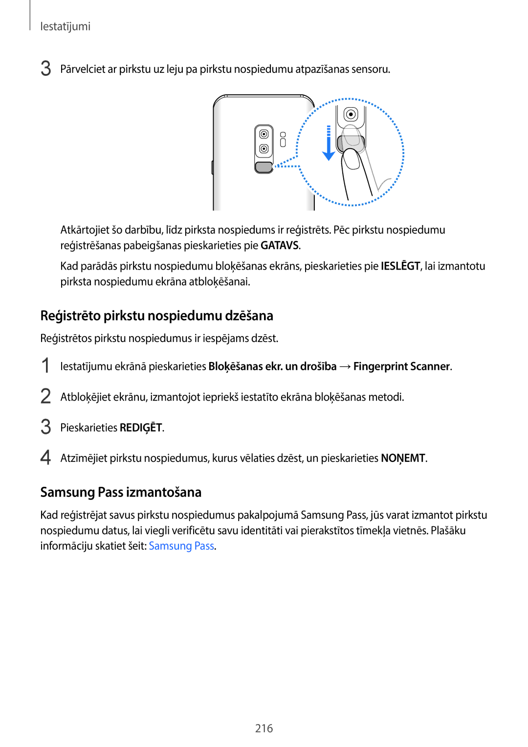 Samsung SM-G960FZBDSEB manual Reģistrēto pirkstu nospiedumu dzēšana, Reģistrētos pirkstu nospiedumus ir iespējams dzēst 