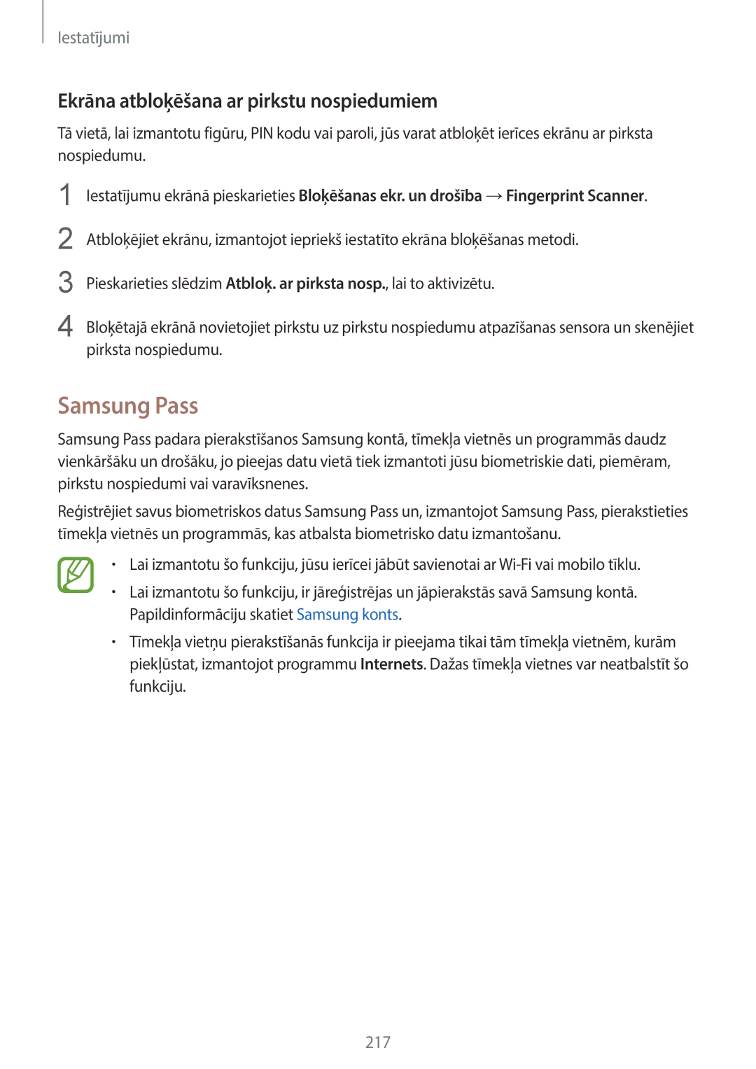 Samsung SM-G965FZKDSEB, SM-G960FZBDSEB, SM-G965FZBDSEB manual Samsung Pass, Ekrāna atbloķēšana ar pirkstu nospiedumiem 