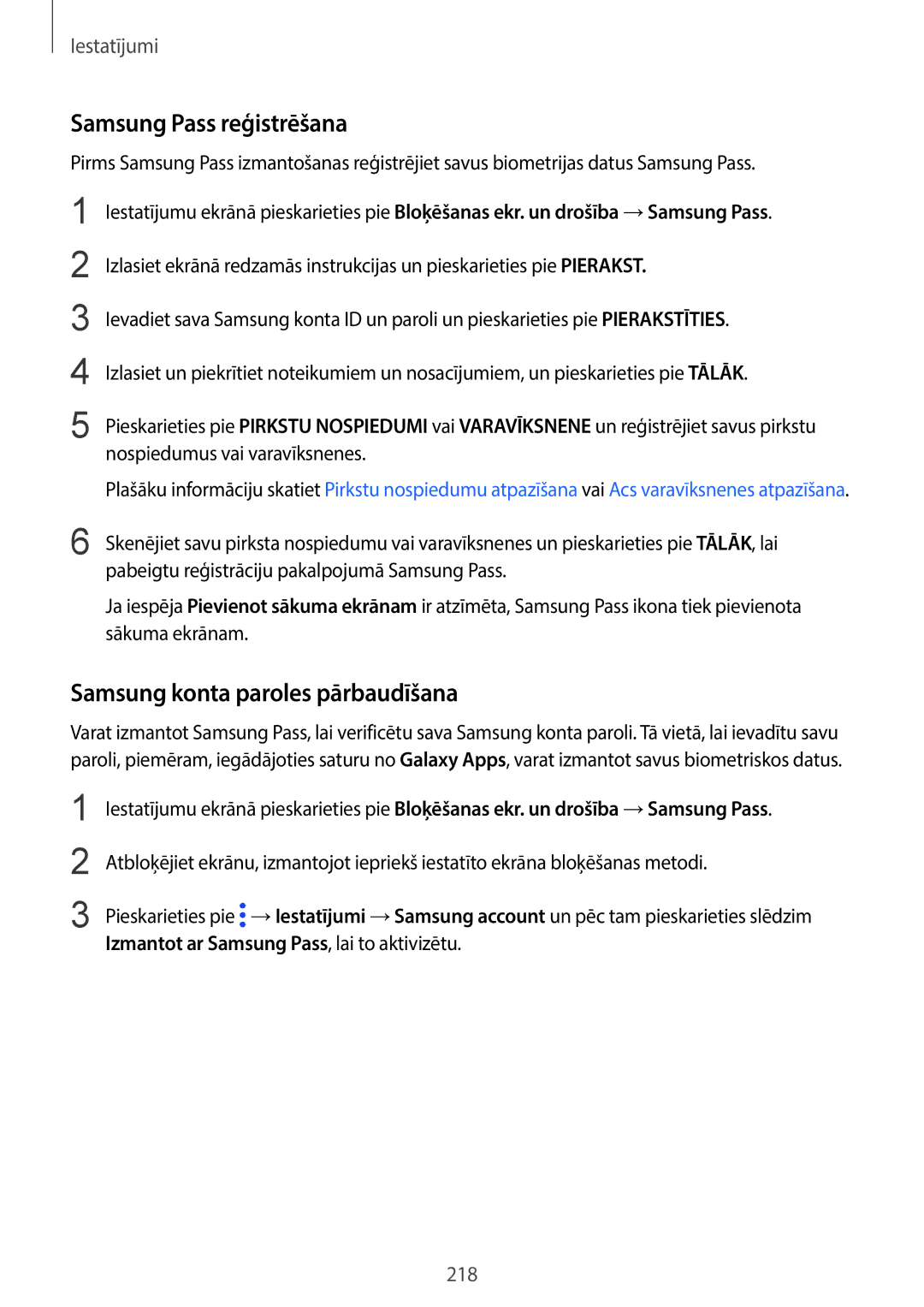 Samsung SM-G965FZBDSEB, SM-G960FZBDSEB, SM-G965FZKDSEB manual Samsung Pass reģistrēšana, Samsung konta paroles pārbaudīšana 
