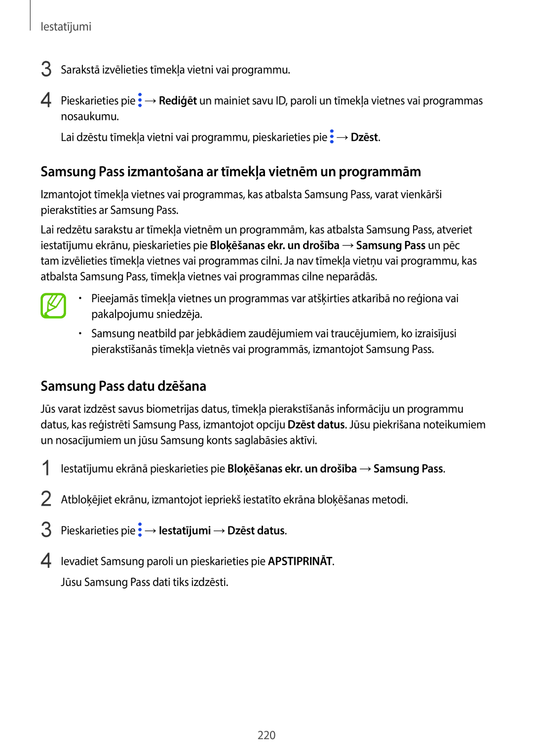 Samsung SM-G960FZKDSEB manual Samsung Pass izmantošana ar tīmekļa vietnēm un programmām, Samsung Pass datu dzēšana 