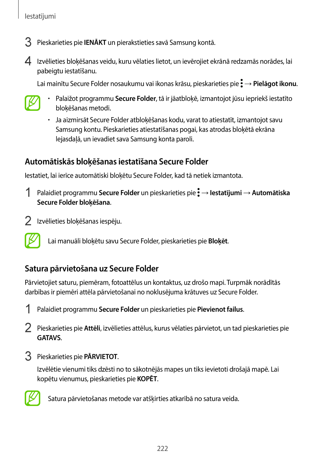 Samsung SM-G960FZBDSEB manual Automātiskās bloķēšanas iestatīšana Secure Folder, Satura pārvietošana uz Secure Folder 