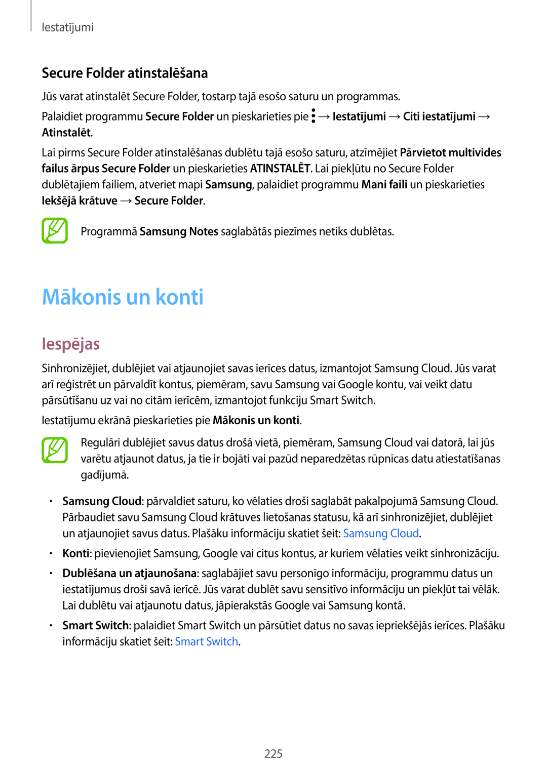 Samsung SM-G965FZPDSEB manual Mākonis un konti, Secure Folder atinstalēšana, Informāciju skatiet šeit Smart Switch 