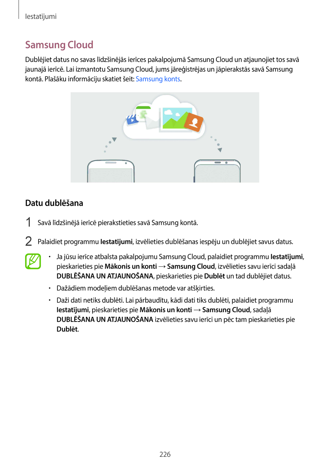 Samsung SM-G960FZKDSEB manual Samsung Cloud, Datu dublēšana, Savā līdzšinējā ierīcē pierakstieties savā Samsung kontā 