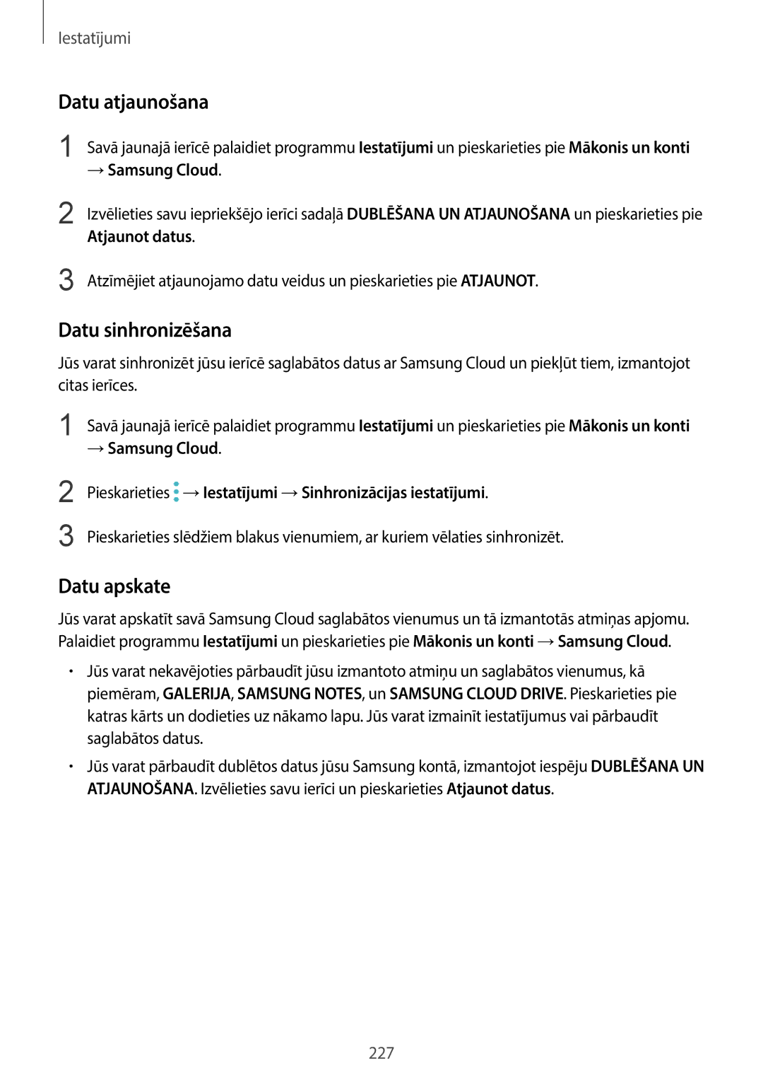 Samsung SM-G960FZPDSEB manual Datu atjaunošana, Datu sinhronizēšana, Datu apskate, → Samsung Cloud, Atjaunot datus 