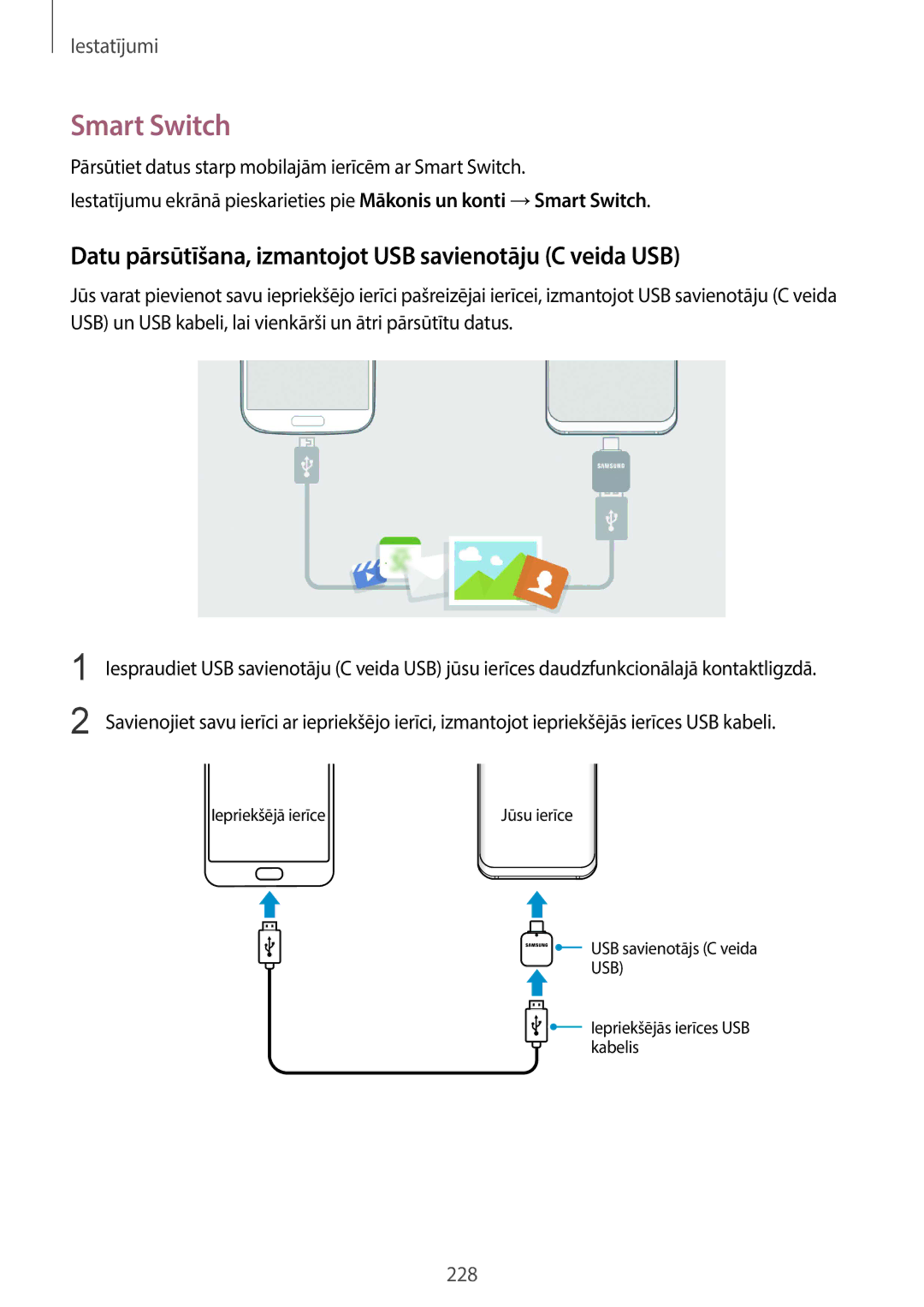 Samsung SM-G960FZBDSEB, SM-G965FZKDSEB manual Smart Switch, Datu pārsūtīšana, izmantojot USB savienotāju C veida USB 