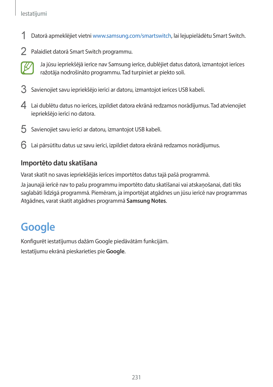 Samsung SM-G965FZPDSEB, SM-G960FZBDSEB manual Google, Importēto datu skatīšana, Palaidiet datorā Smart Switch programmu 
