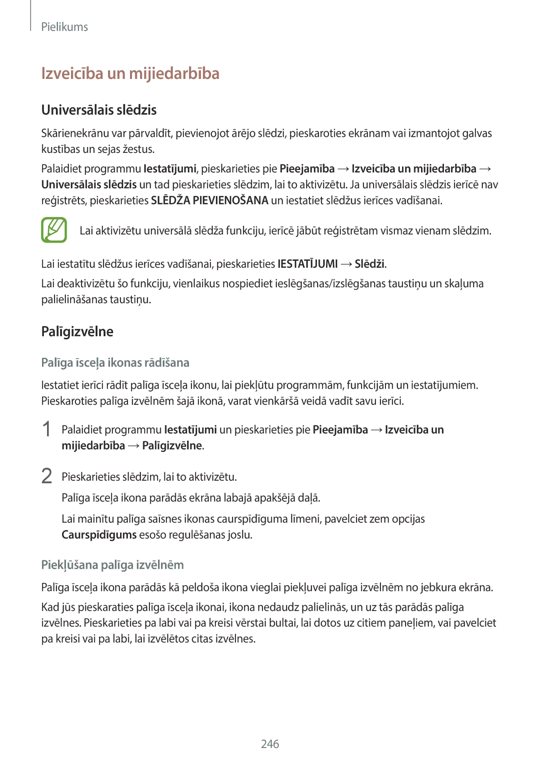 Samsung SM-G960FZBDSEB manual Izveicība un mijiedarbība, Universālais slēdzis, Palīgizvēlne, Palīga īsceļa ikonas rādīšana 