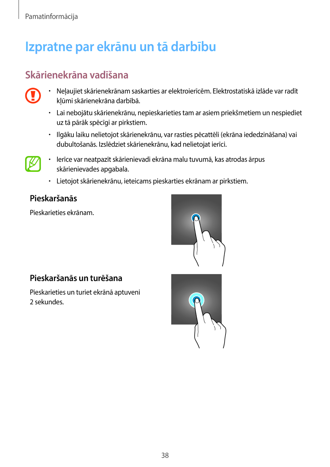 Samsung SM-G965FZBDSEB manual Izpratne par ekrānu un tā darbību, Skārienekrāna vadīšana, Pieskaršanās un turēšana 