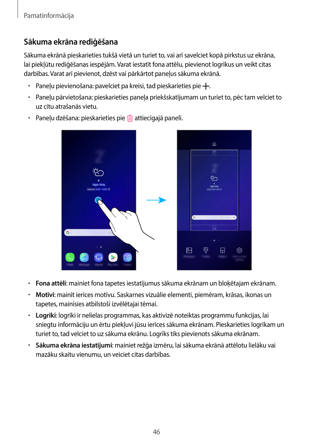 Samsung SM-G960FZKDSEB, SM-G960FZBDSEB, SM-G965FZKDSEB, SM-G965FZBDSEB, SM-G965FZPDSEB manual Sākuma ekrāna rediģēšana 