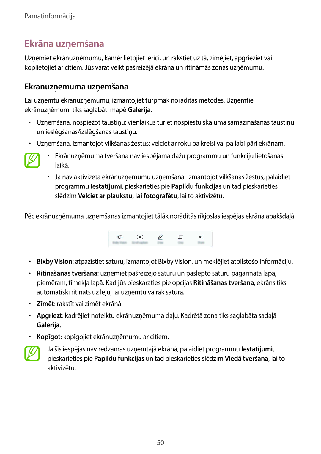 Samsung SM-G965FZBDSEB, SM-G960FZBDSEB, SM-G965FZKDSEB, SM-G965FZPDSEB manual Ekrāna uzņemšana, Ekrānuzņēmuma uzņemšana 
