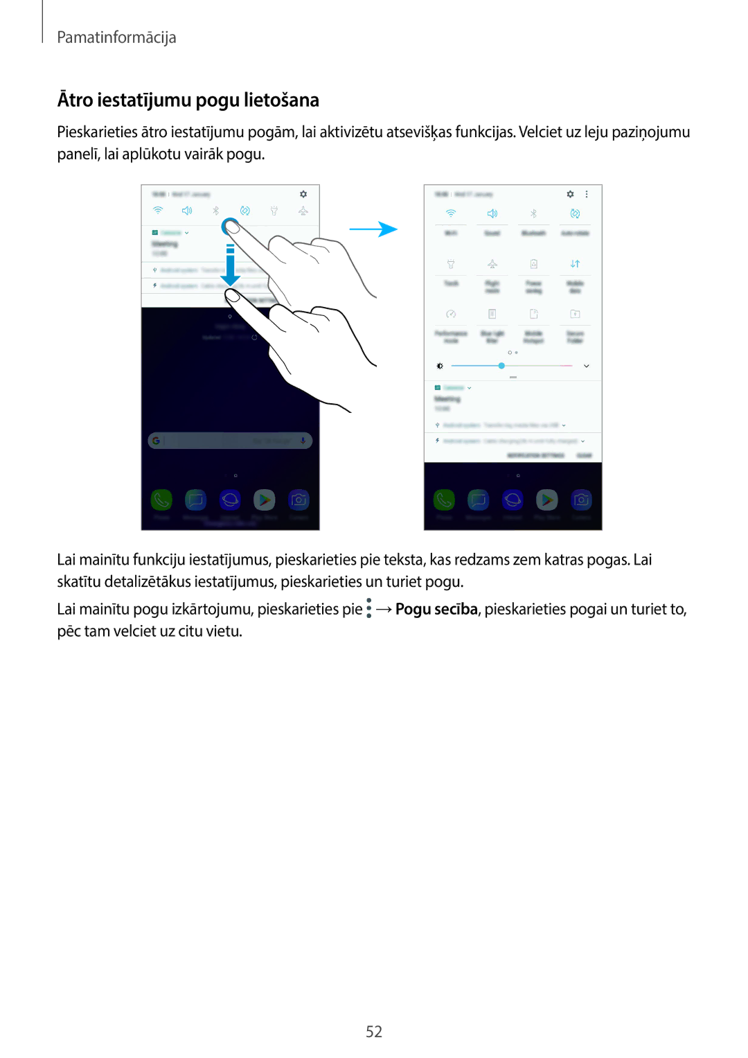 Samsung SM-G960FZKDSEB, SM-G960FZBDSEB, SM-G965FZKDSEB, SM-G965FZBDSEB, SM-G965FZPDSEB manual Ātro iestatījumu pogu lietošana 