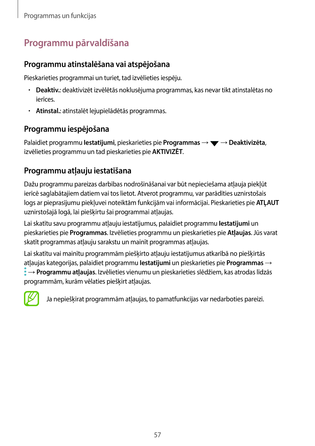 Samsung SM-G965FZPDSEB manual Programmu pārvaldīšana, Programmu atinstalēšana vai atspējošana, Programmu iespējošana 
