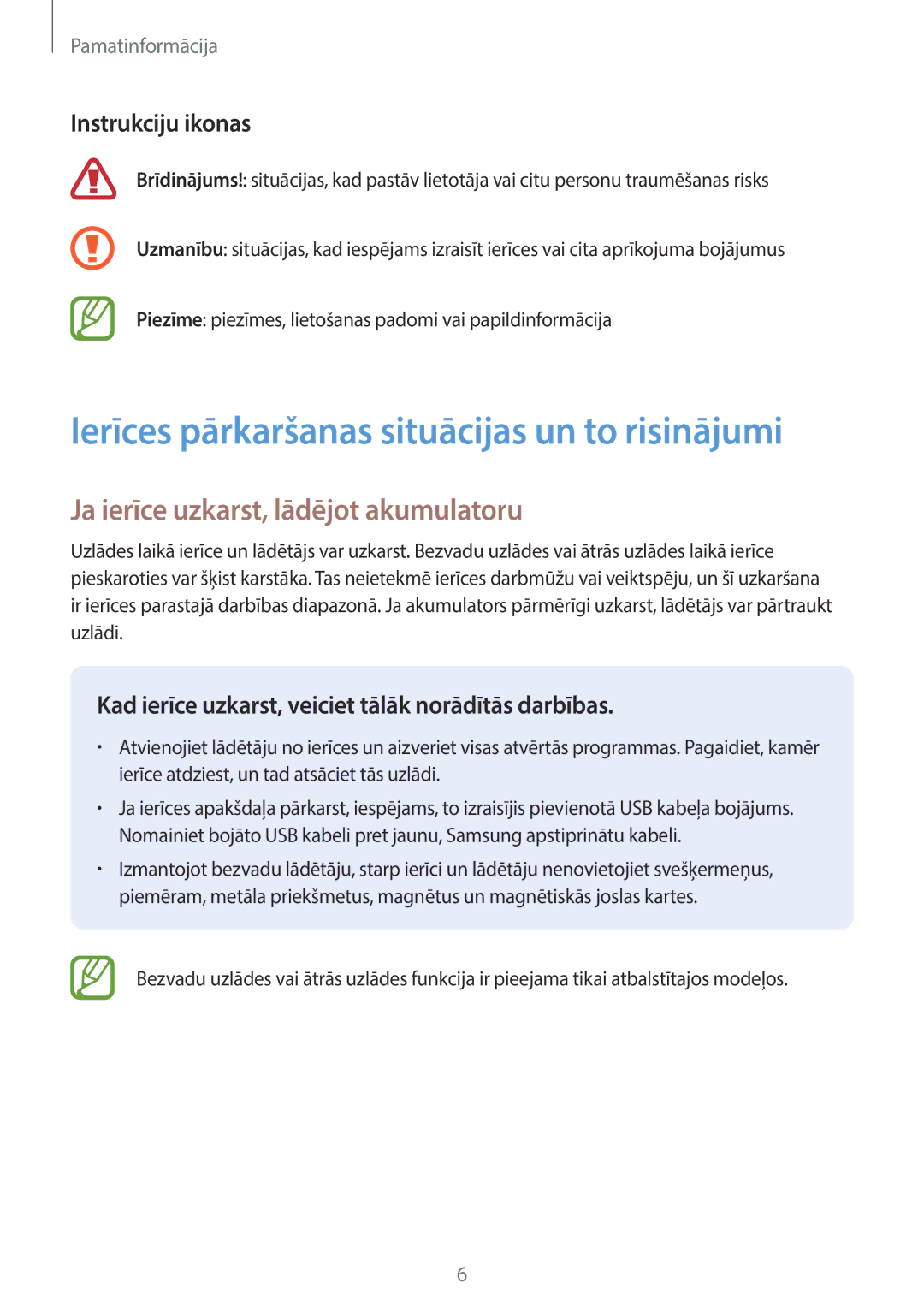 Samsung SM-G960FZBDSEB, SM-G965FZKDSEB, SM-G965FZBDSEB manual Ja ierīce uzkarst, lādējot akumulatoru, Instrukciju ikonas 