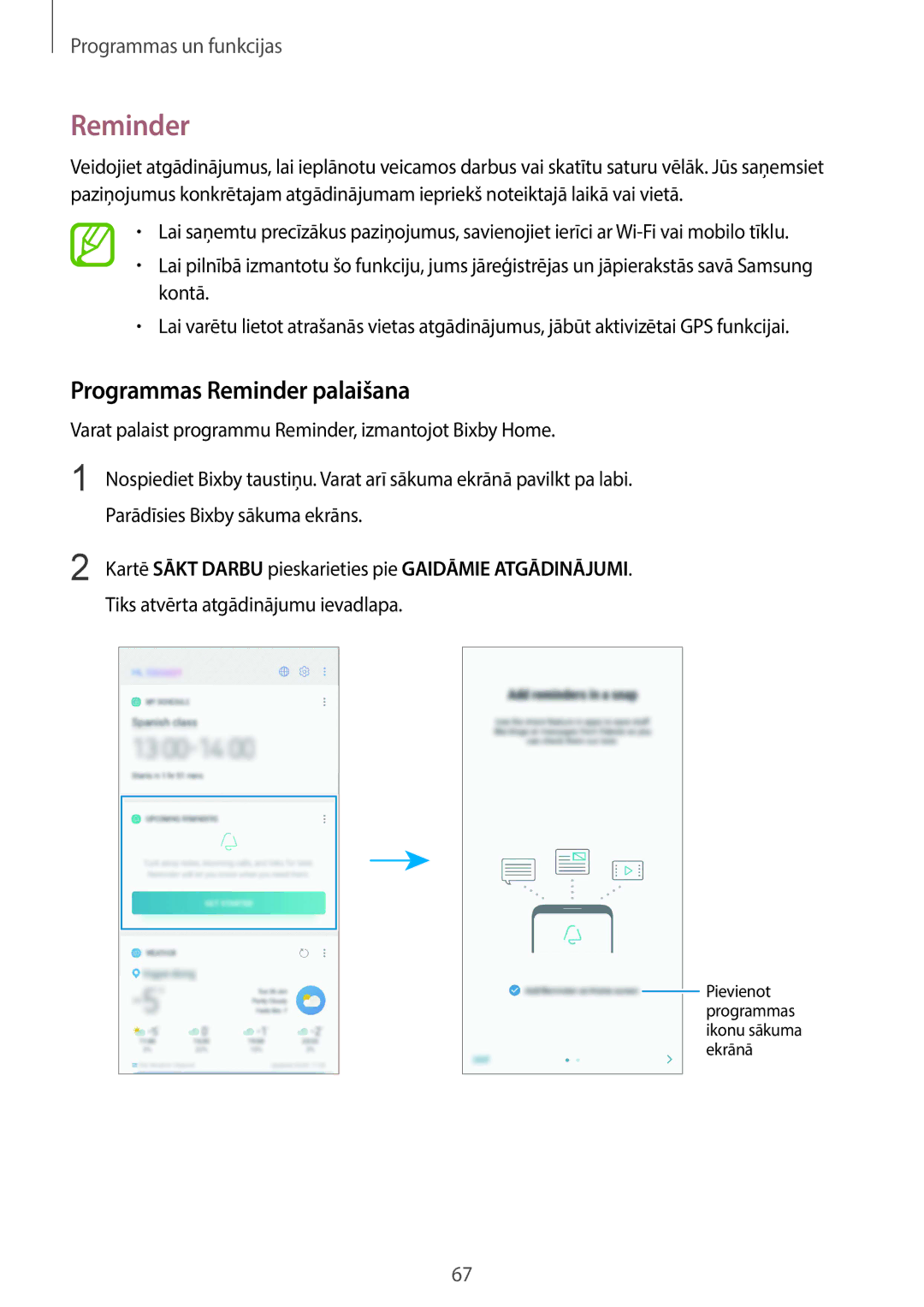 Samsung SM-G965FZKDSEB manual Programmas Reminder palaišana, Kartē Sākt Darbu pieskarieties pie Gaidāmie Atgādinājumi 