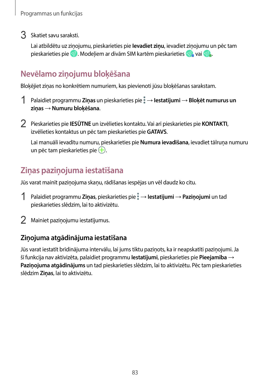 Samsung SM-G960FZPDSEB manual Nevēlamo ziņojumu bloķēšana, Ziņas paziņojuma iestatīšana, Ziņojuma atgādinājuma iestatīšana 