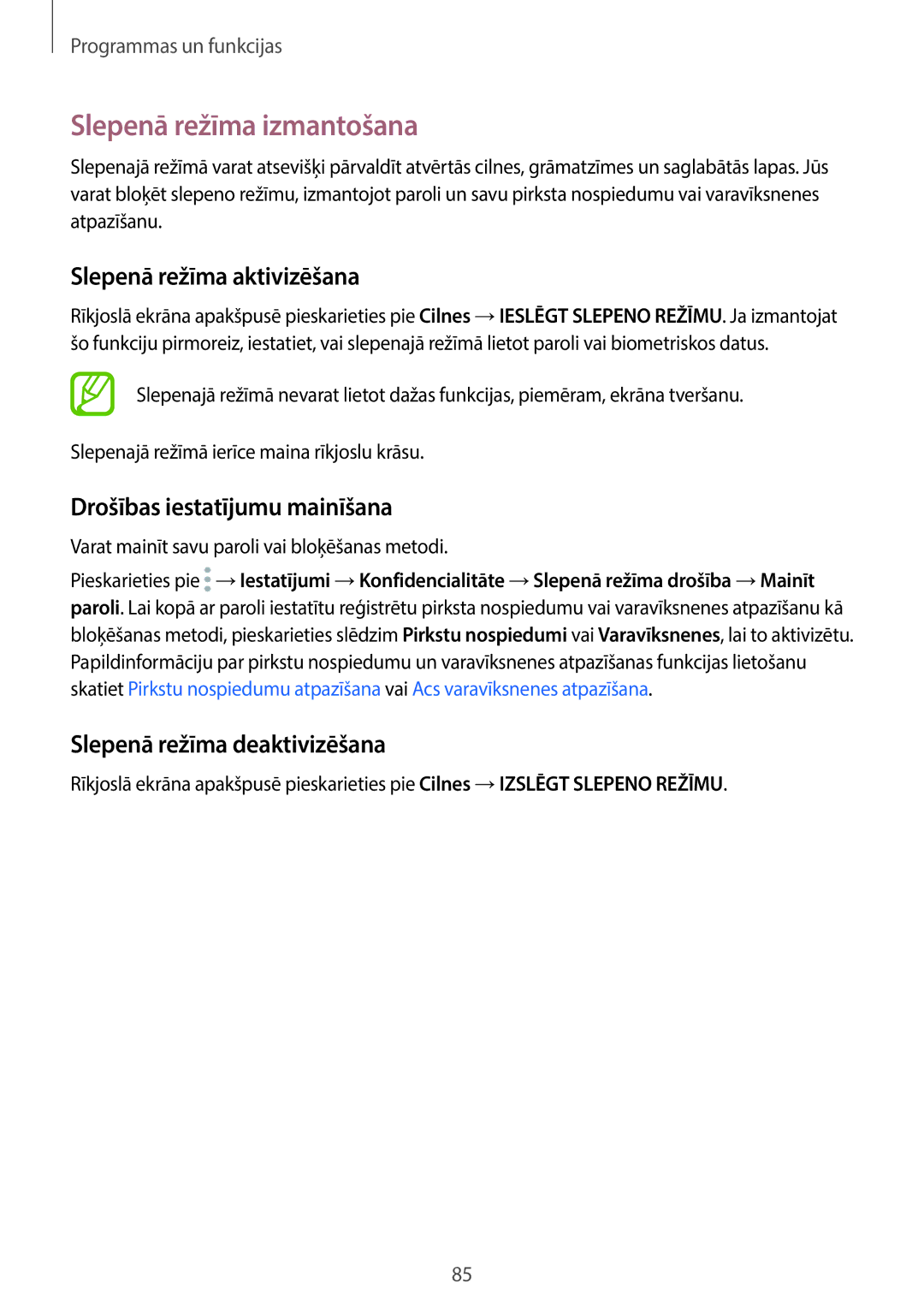 Samsung SM-G965FZKDSEB manual Slepenā režīma izmantošana, Slepenā režīma aktivizēšana, Drošības iestatījumu mainīšana 