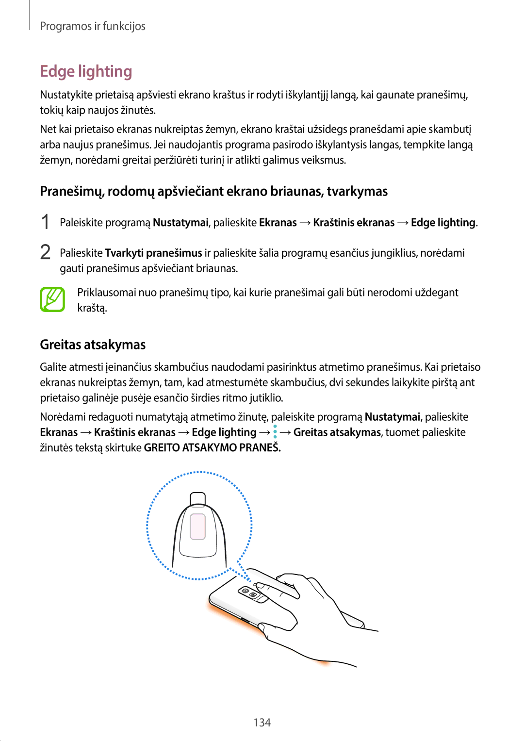 Samsung SM-G965FZBDSEB manual Edge lighting, Pranešimų, rodomų apšviečiant ekrano briaunas, tvarkymas, Greitas atsakymas 